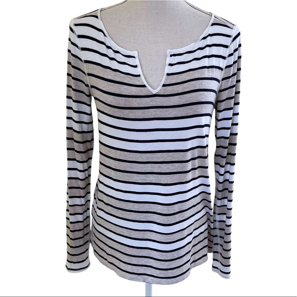 Three Dots Black and White Striped Long Sleeve Tee
